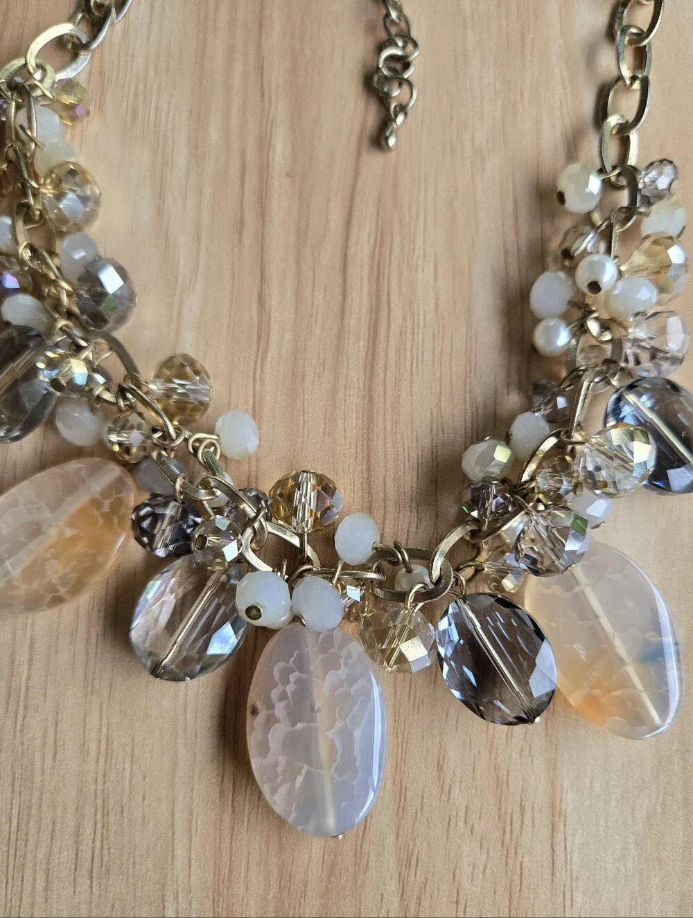 Gold-Tone Cluster Statement Necklace Agate Crystal Beads Peach Clear Smoky Grey